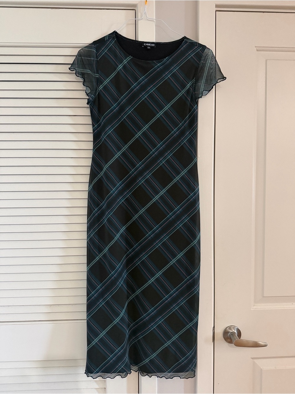 Bebe Black Midi Dress with Teal Plaid M stretchy